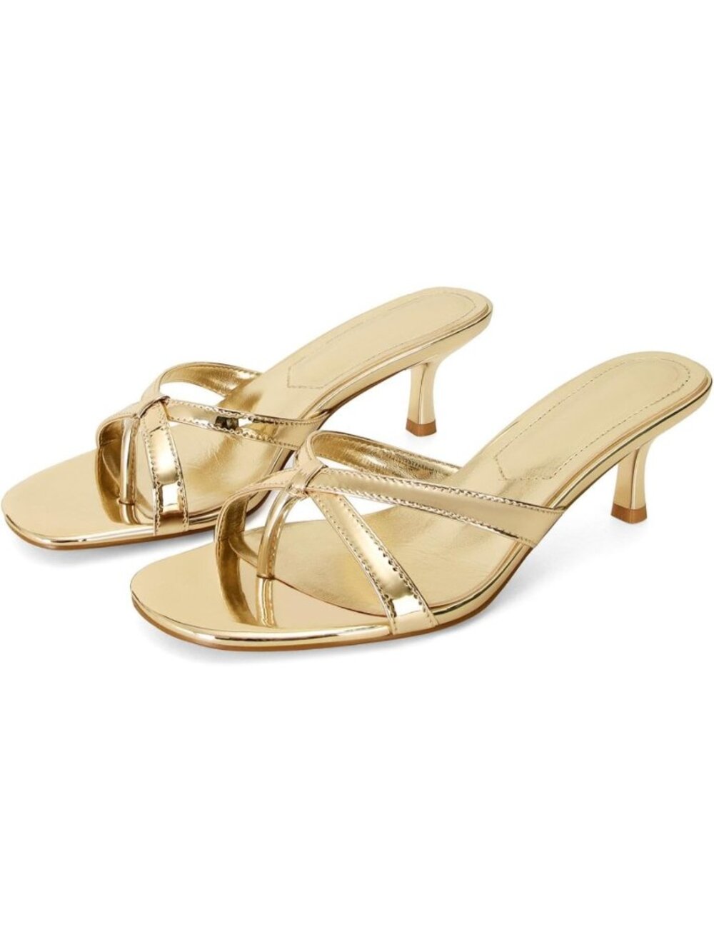 Women's Gold Rounded Open-Toe Strappy Kitten Mule Heel Thong Flip-Flop Sandal
